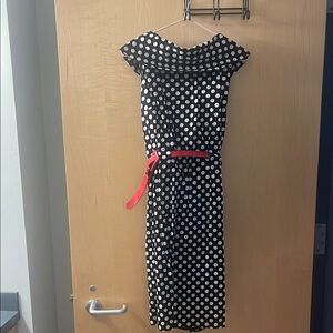 Polka Dot Black and White Dress with Red Belt